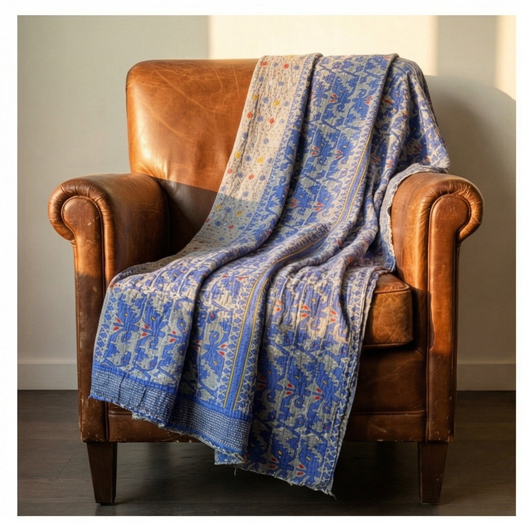 Brown leather armchair with a blue patterned blanket draped over it against a neutral wall.