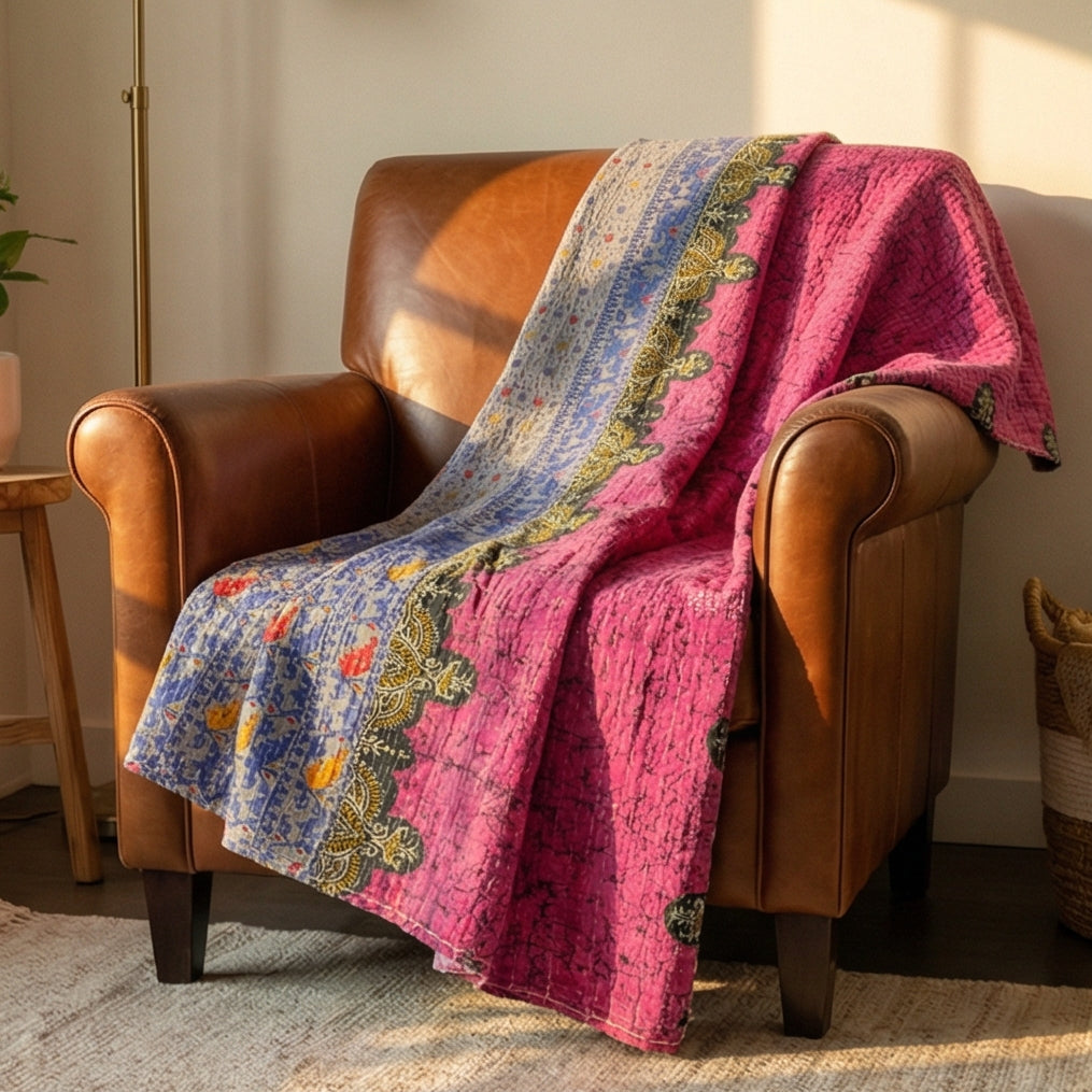 Colorful quilt draped over a brown leather armchair in a cozy room.