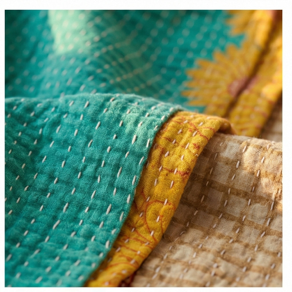 Soulful Symmetry Hand-Made Kantha Throw Blanket