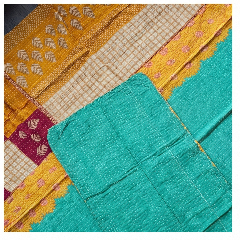 Close-up of a colorful fabric with geometric patterns in yellow, green, and red.