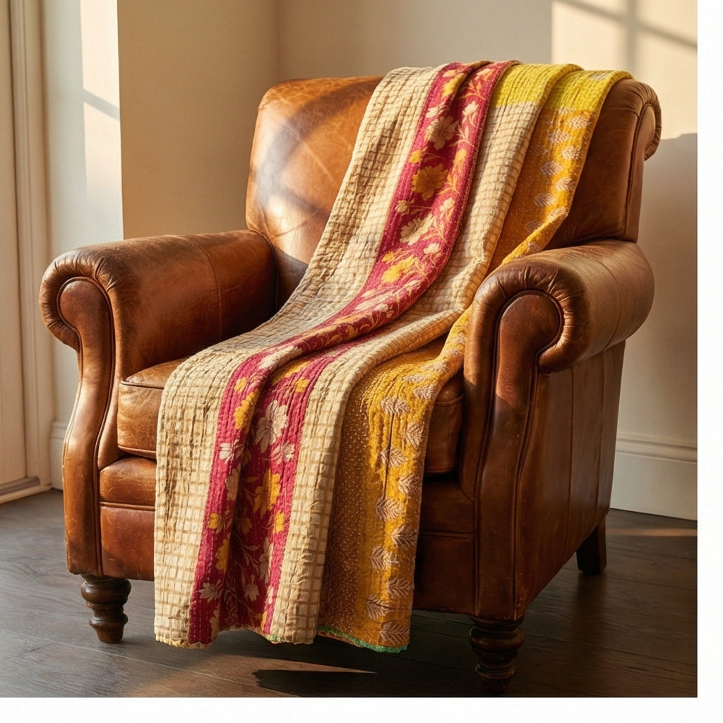 Brown leather armchair with a colorful quilt draped over it in a room with sunlight streaming in.