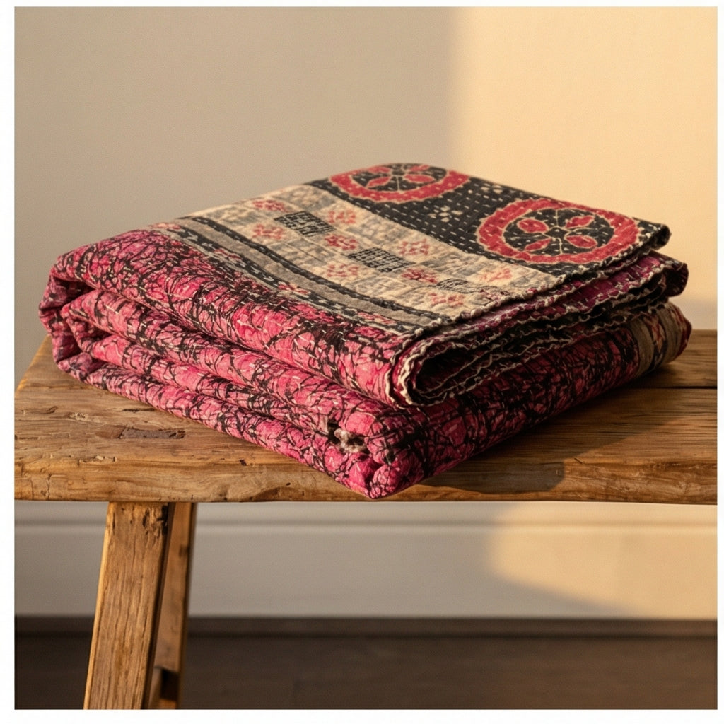 Bazaar Rhythm Hand-Made Kantha Throw Blanket