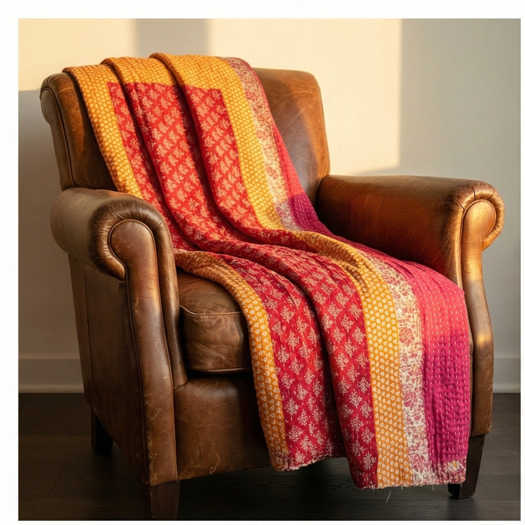 Varanasi Morning Hand-Made Kantha Throw Blanket