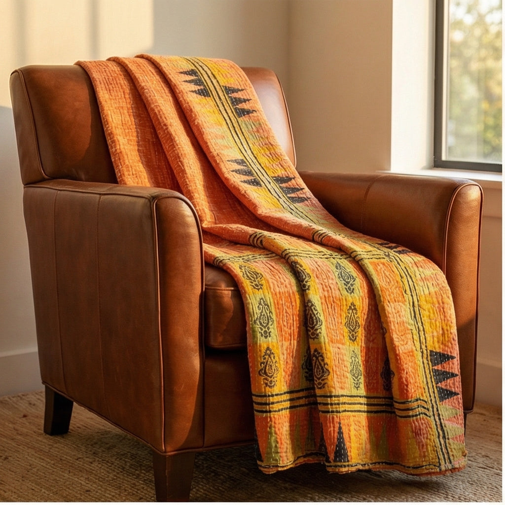 Monsoon Echo Hand-Made Kantha Throw Blanket