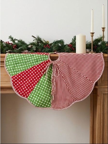 Four different views of a checkered Christmas tree skirt on a tree.