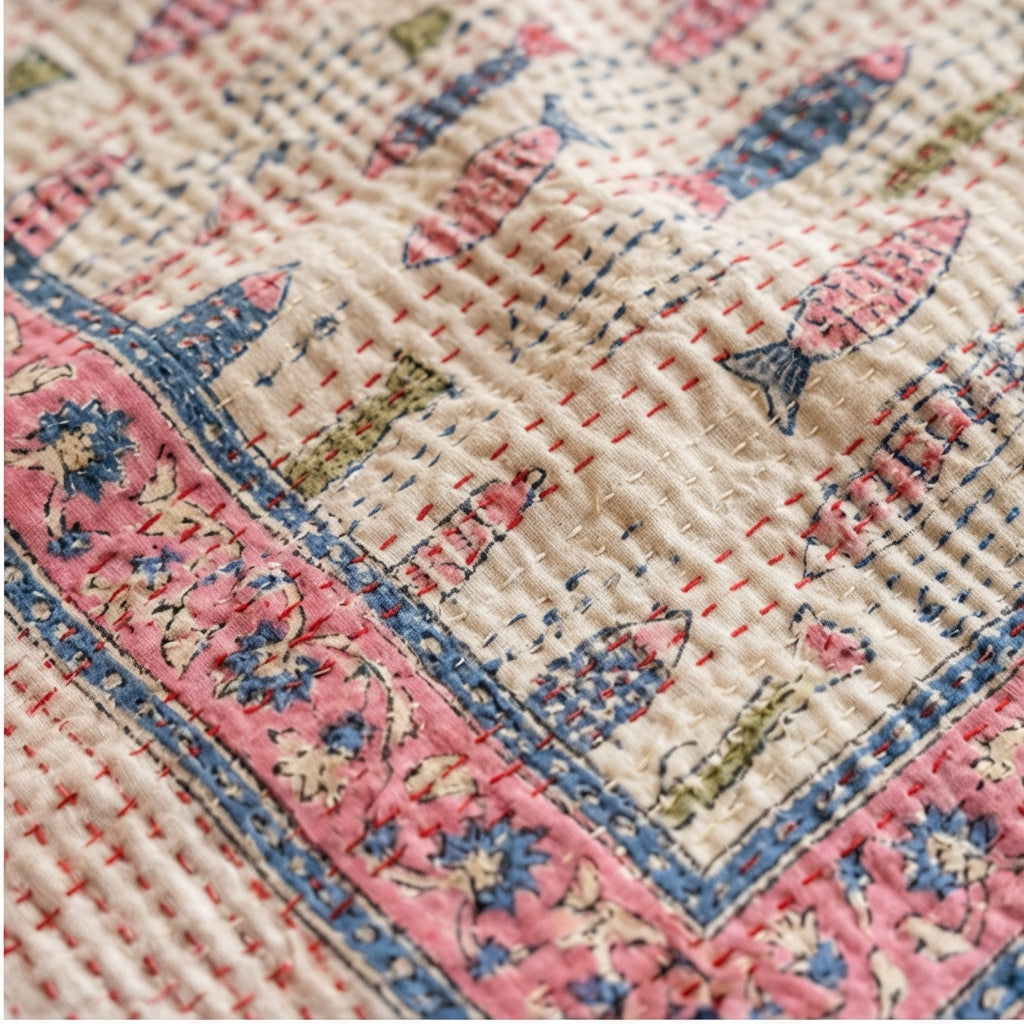 Earthy Fish Kantha King Size Bed-spread (Reversible)