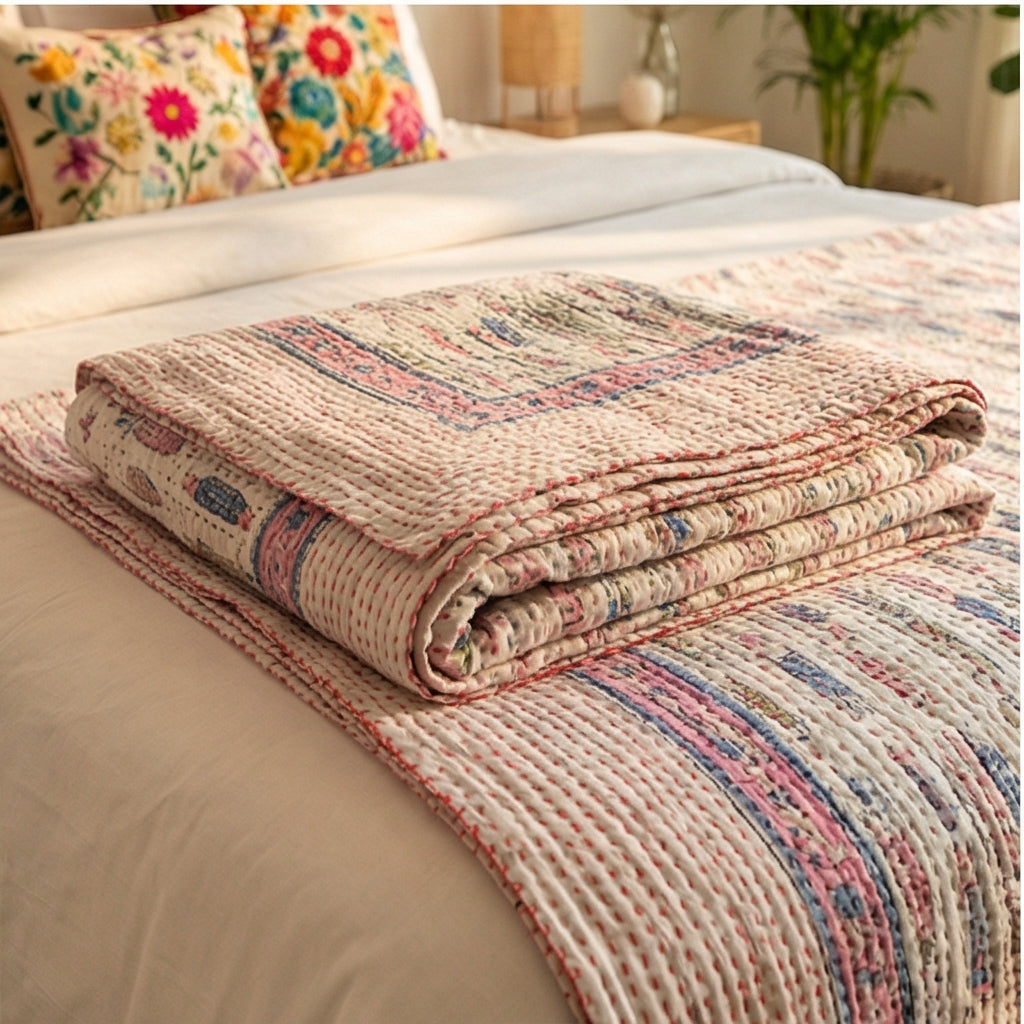 Earthy Fish Kantha King Size Bed-spread (Reversible)