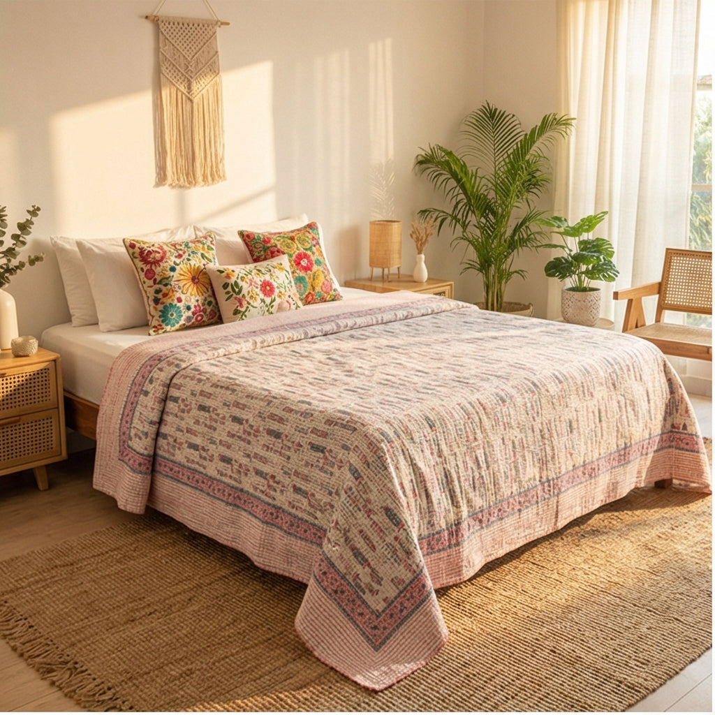 Earthy Fish Kantha King Size Bed-spread (Reversible)
