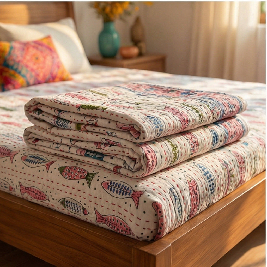 Earthy Fish Kantha King Size Bed-spread (Reversible)