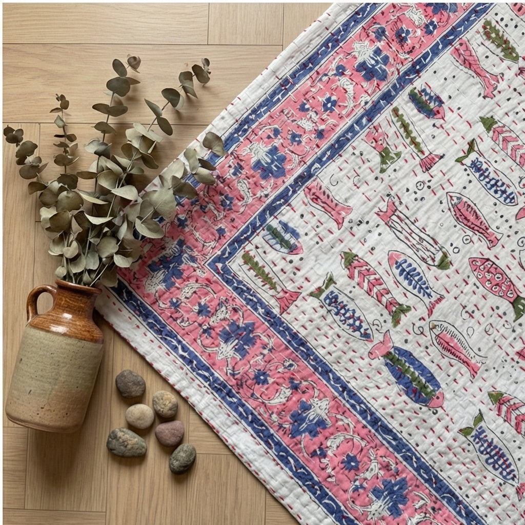 Earthy Fish Kantha King Size Bed-spread (Reversible)