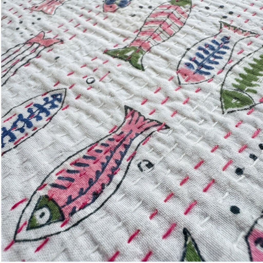 Earthy Fish Kantha King Size Bed-spread (Reversible)