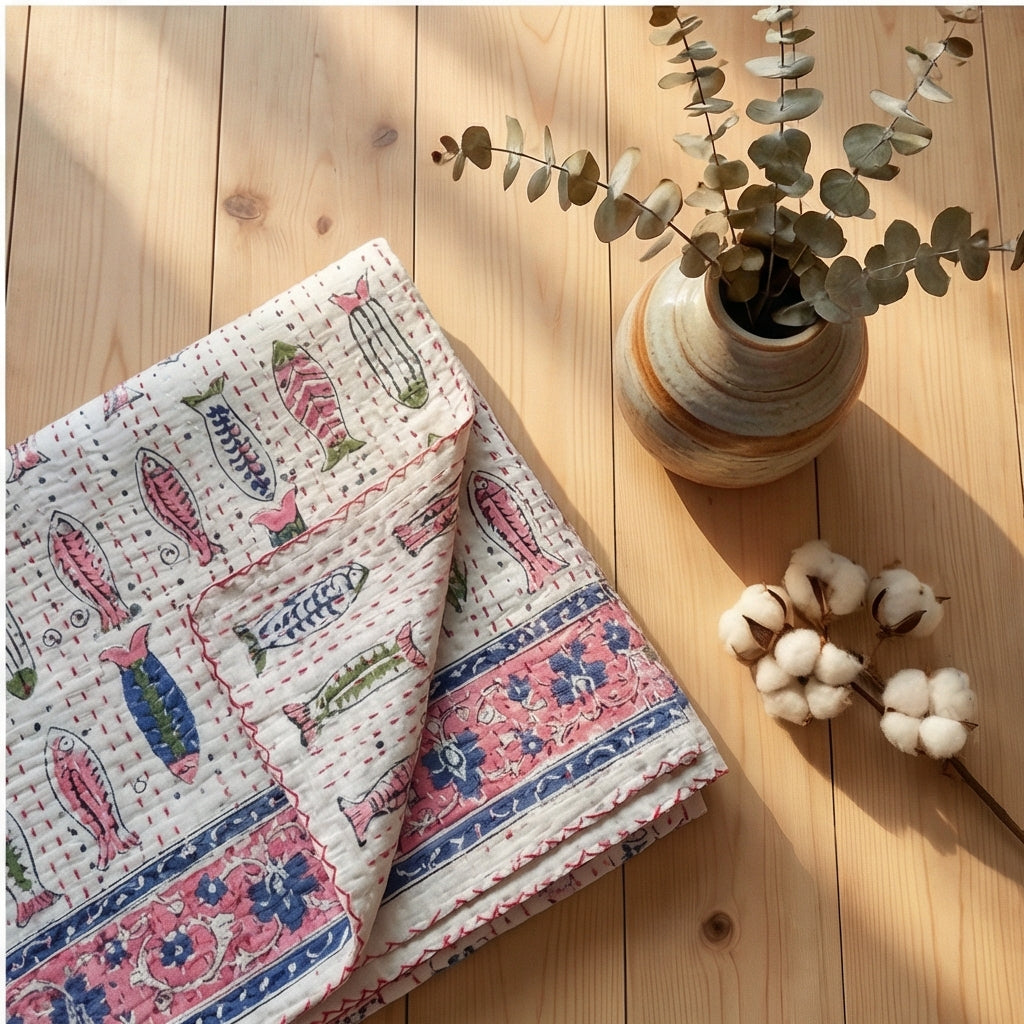 Earthy Fish Kantha King Size Bed-spread (Reversible)