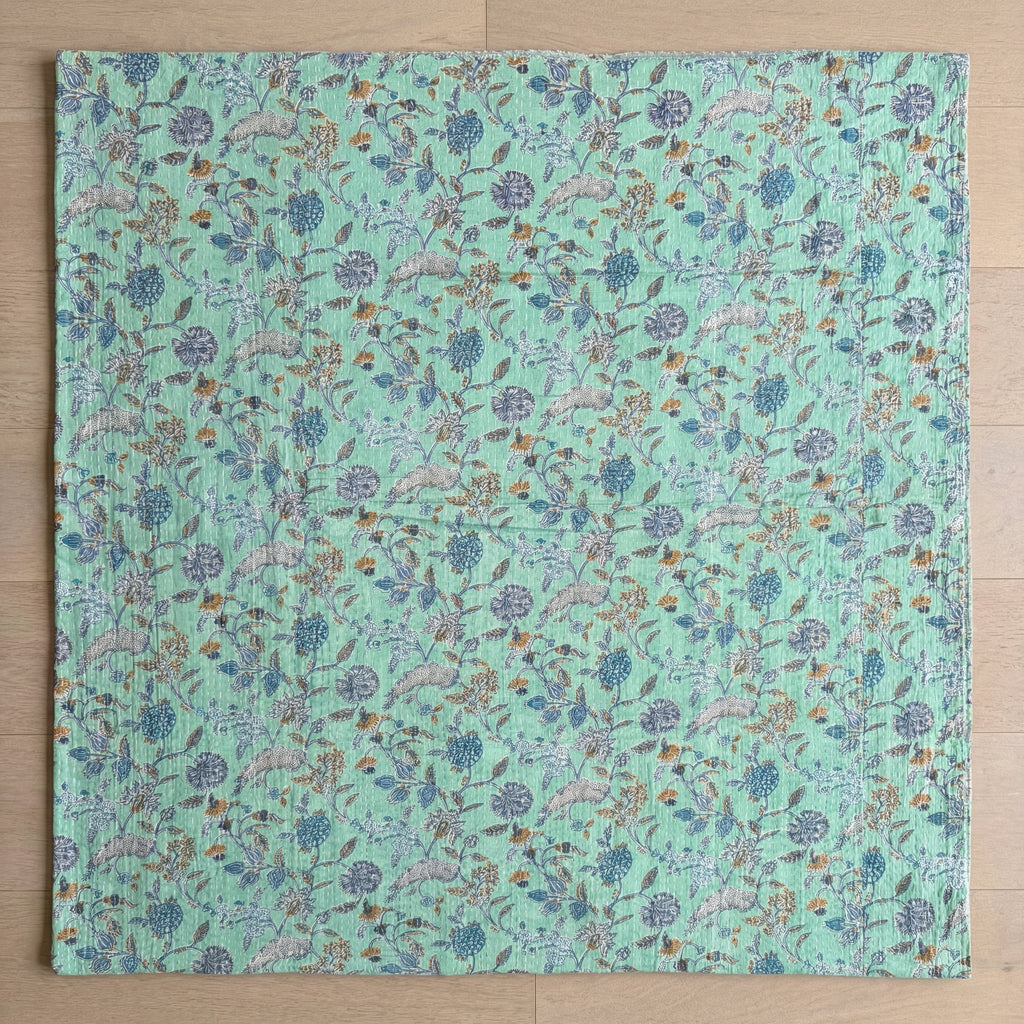 Teal Garden Bird Kantha Queen Size Bed-spread (Reversible)