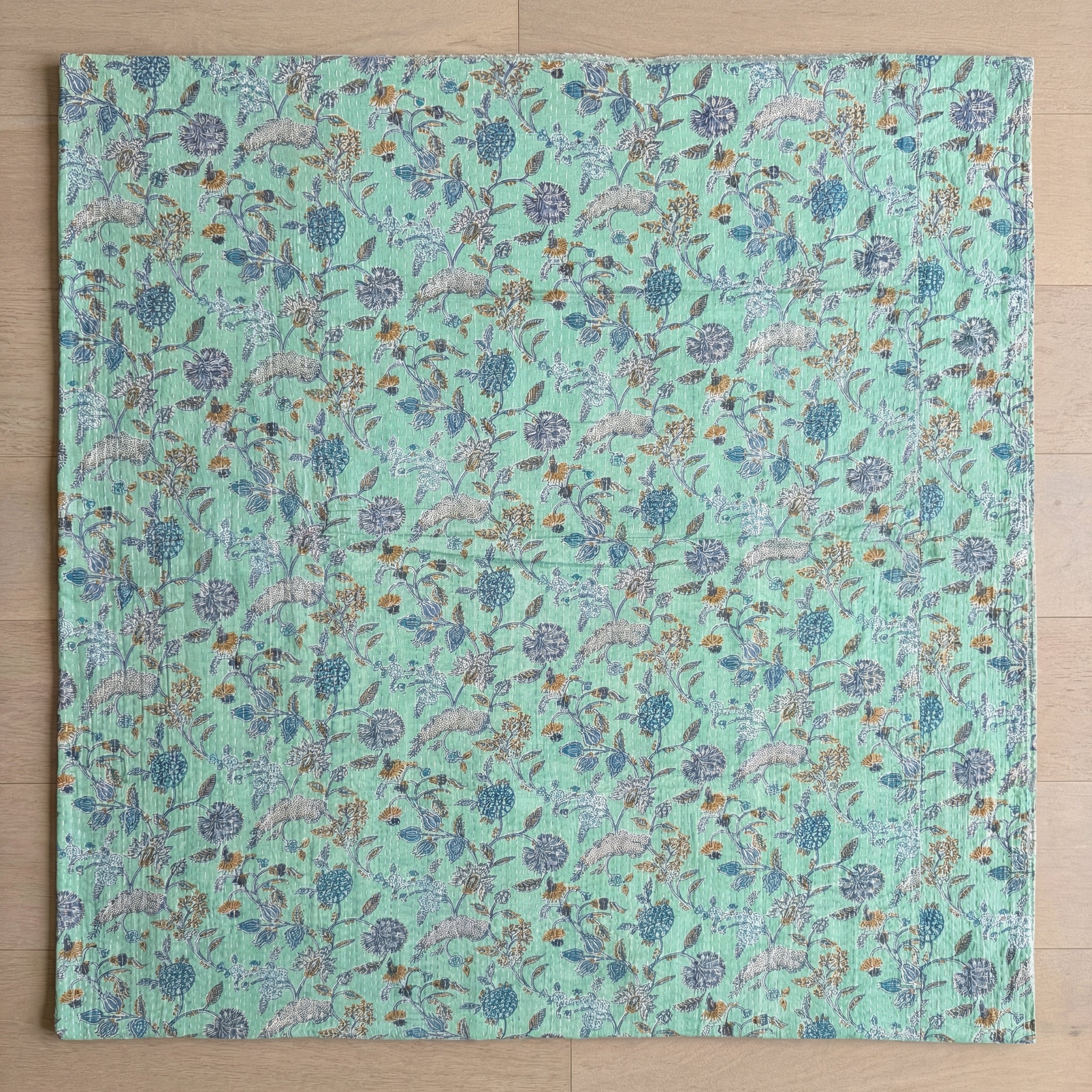 Teal Garden Bird Kantha Queen Size Bed-spread (Reversible)