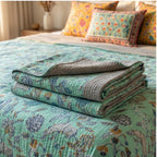 Teal Garden Bird Kantha Queen Size Bed-spread (Reversible)