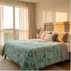 Teal Garden Bird Kantha Queen Size Bed-spread (Reversible)