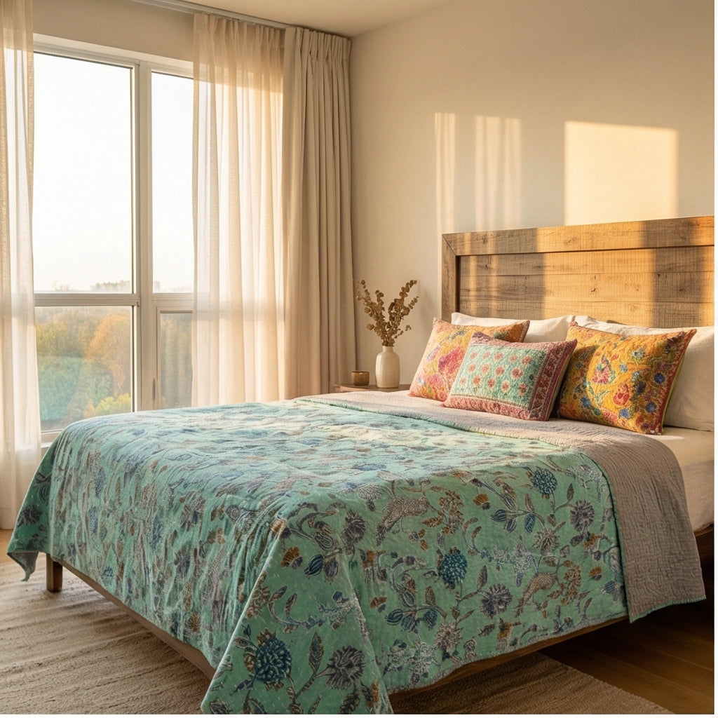 Teal Garden Bird Kantha Queen Size Bed-spread (Reversible)