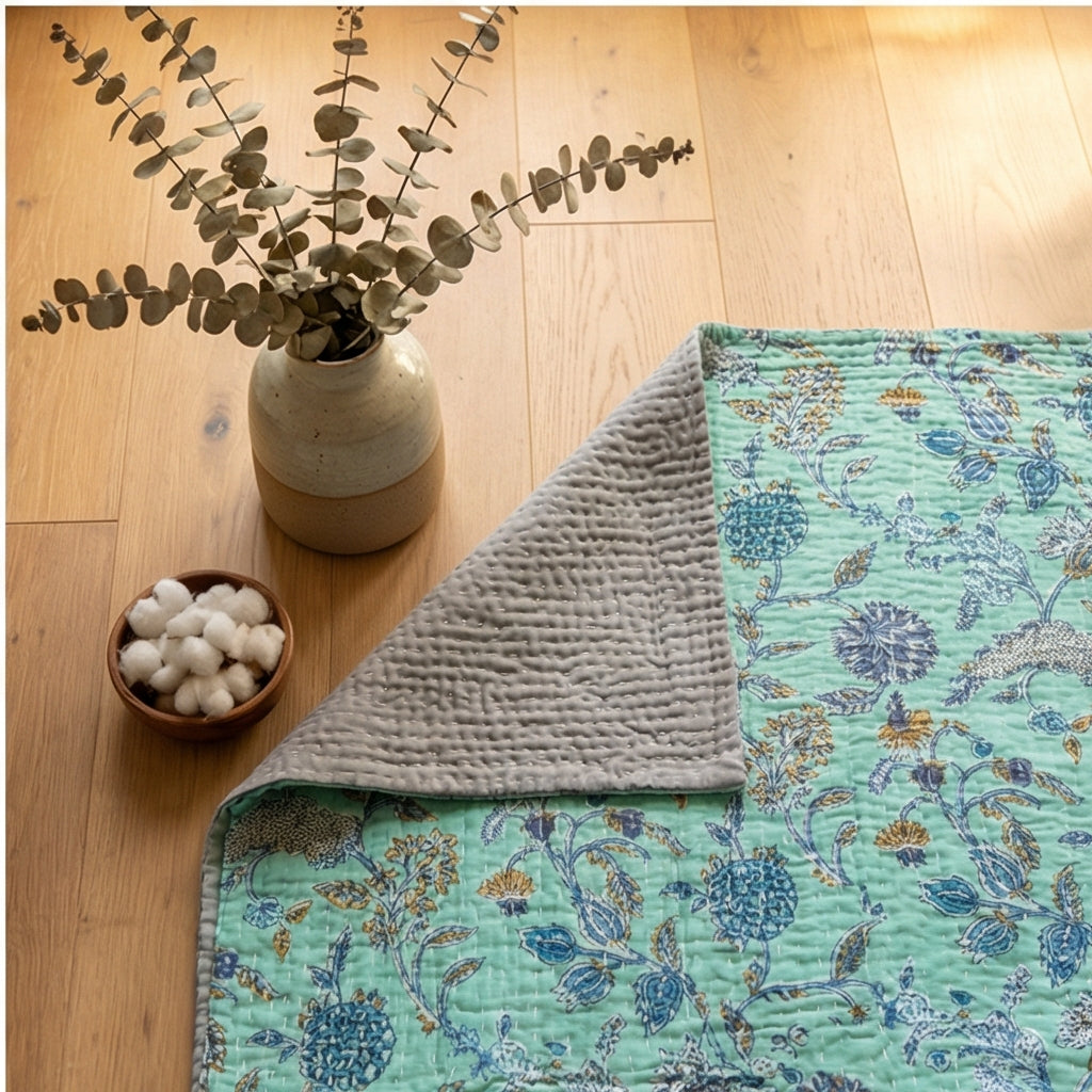 Teal Garden Bird Kantha Queen Size Bed-spread (Reversible)