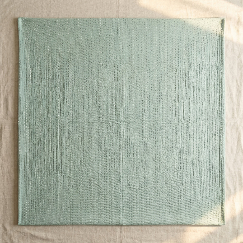 Teal Garden Bird Kantha Queen Size Bed-spread (Reversible)