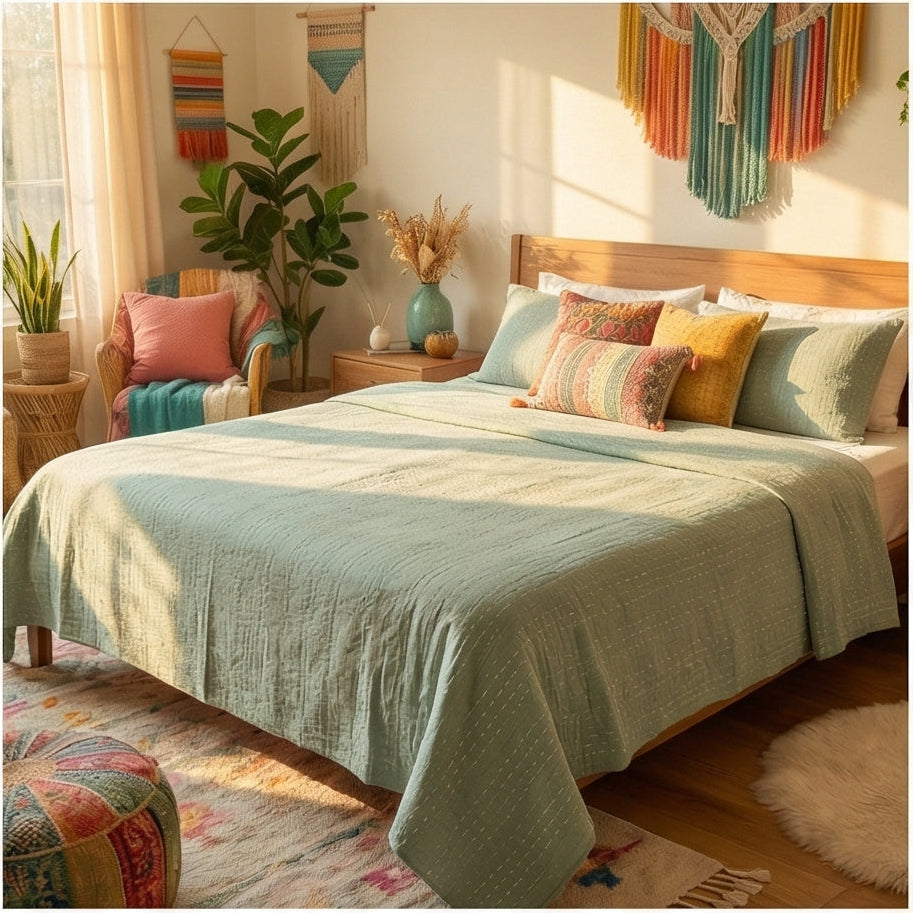 Teal Garden Bird Kantha Queen Size Bed-spread (Reversible)