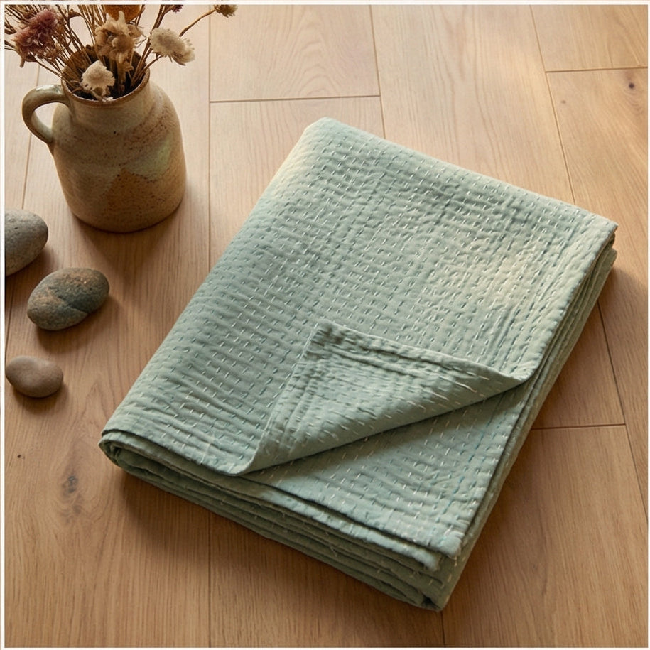 Teal Garden Bird Kantha Queen Size Bed-spread (Reversible)