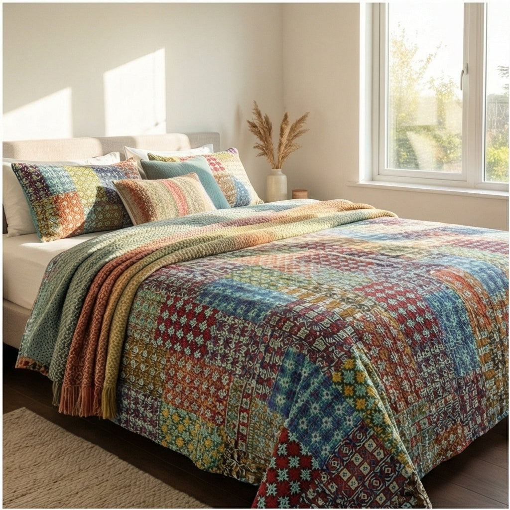 Heritage Patchwork Kantha Queen Size Bed-spread (Reversible)