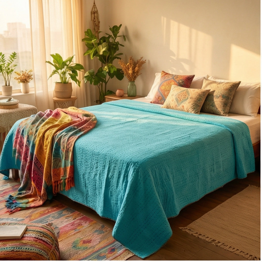 Heritage Patchwork Kantha Queen Size Bed-spread (Reversible)