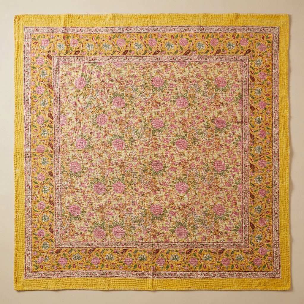 Saffron Bloom Kantha King Size Bed-spread (Reversible)