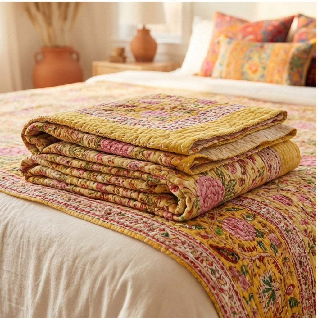 Saffron Bloom Kantha King Size Bed-spread (Reversible)