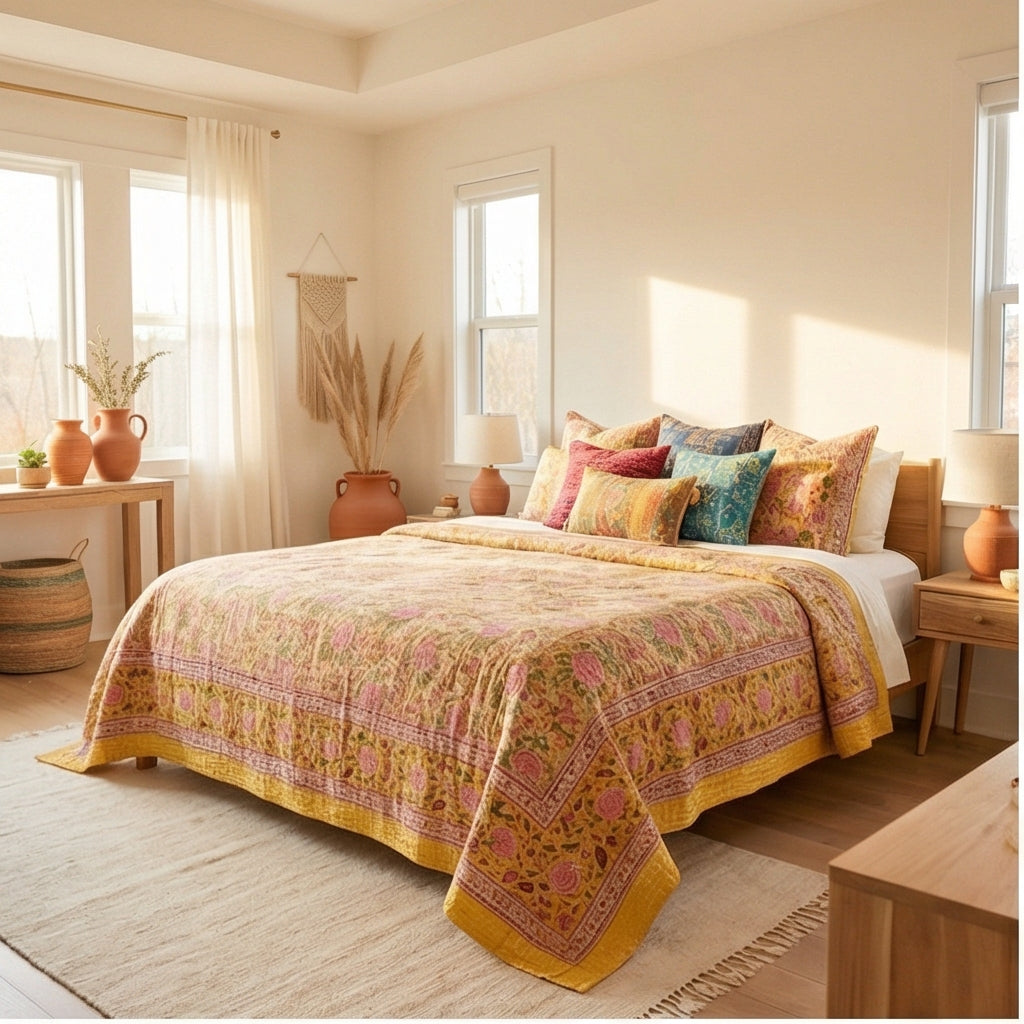 Saffron Bloom Kantha King Size Bed-spread (Reversible)