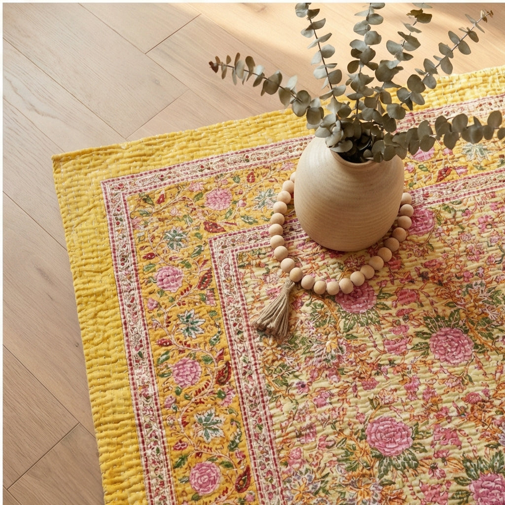 Saffron Bloom Kantha King Size Bed-spread (Reversible)