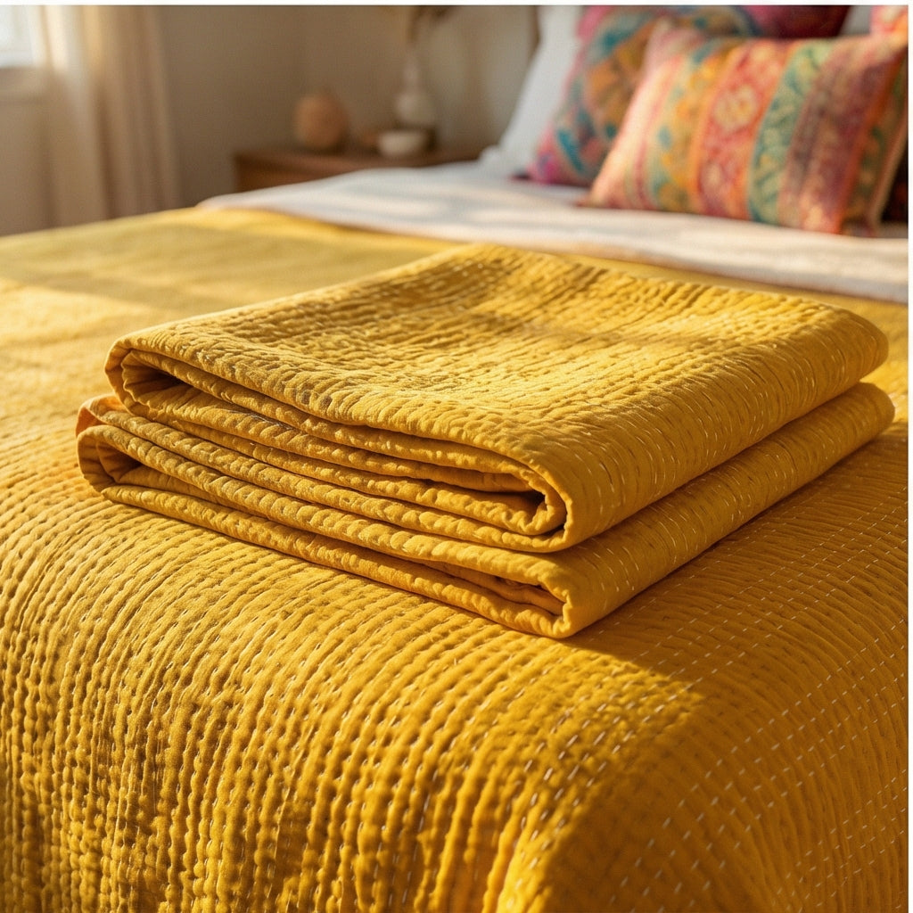 Saffron Bloom Kantha King Size Bed-spread (Reversible)