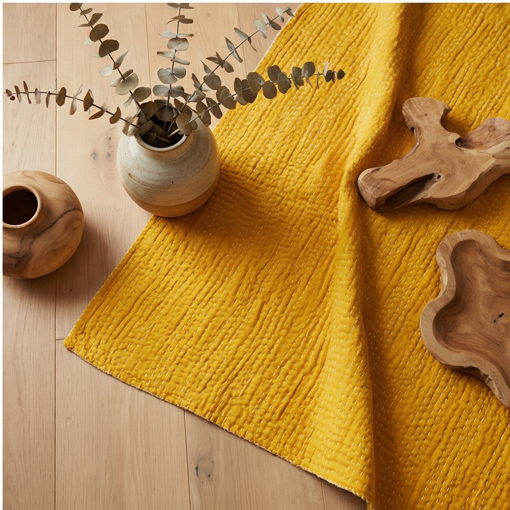 Saffron Bloom Kantha King Size Bed-spread (Reversible)