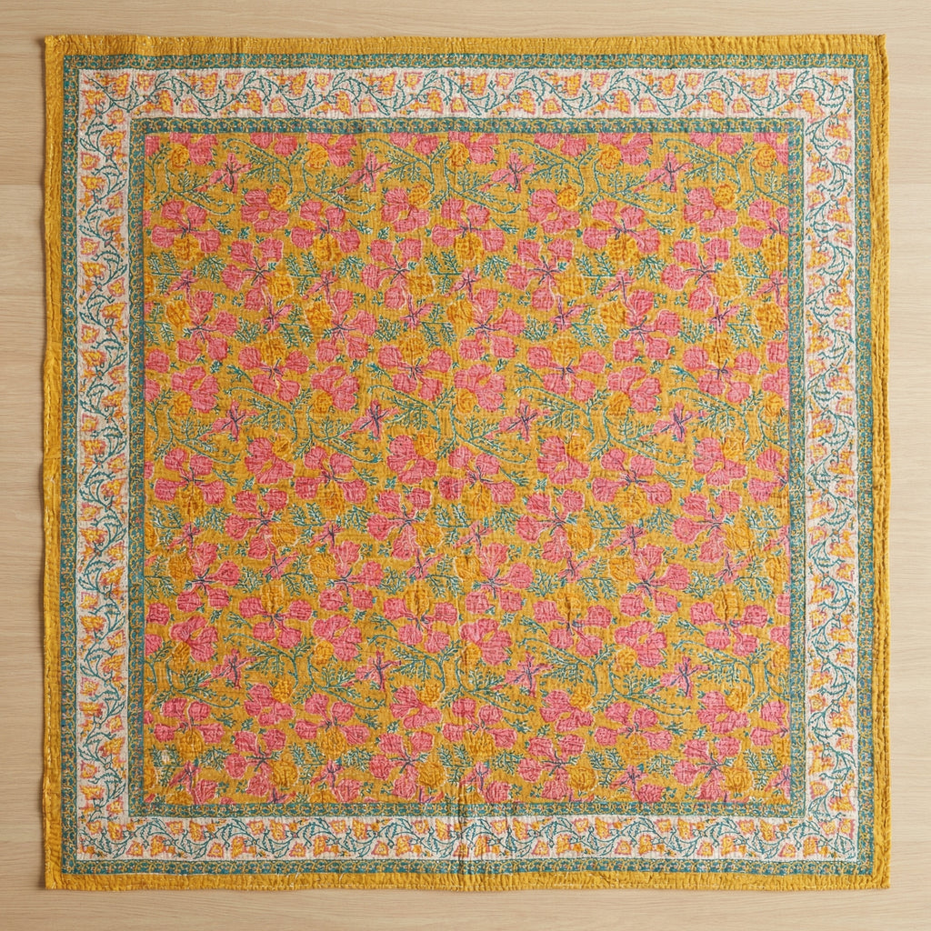 Marigold Garden Kantha Queen Size Bed-spread (Reversible)