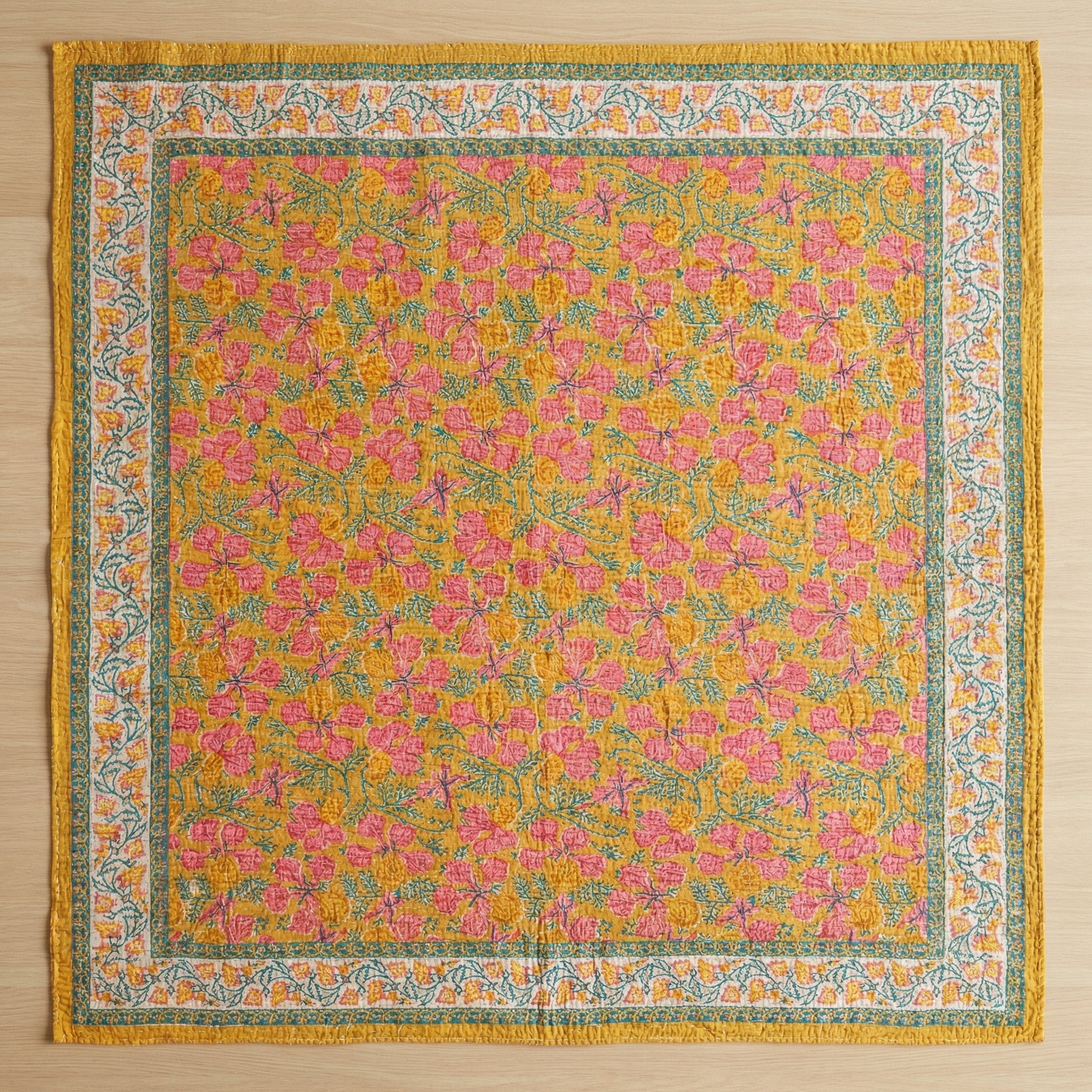 Marigold Garden Kantha Queen Size Bed-spread (Reversible)