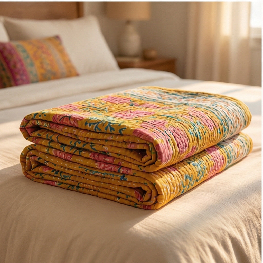 Marigold Garden Kantha Queen Size Bed-spread (Reversible)