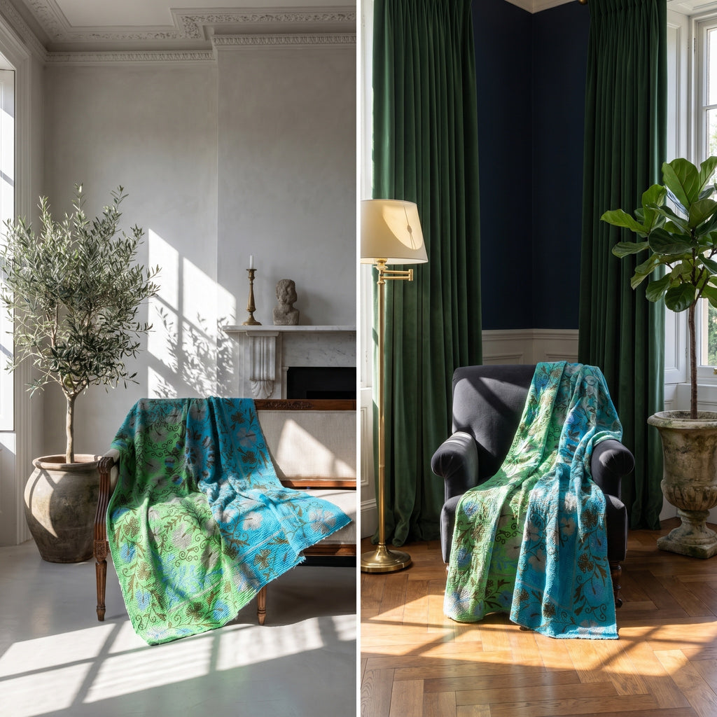Whisper Fern Luxury Vintage Suzani Kantha Throw
