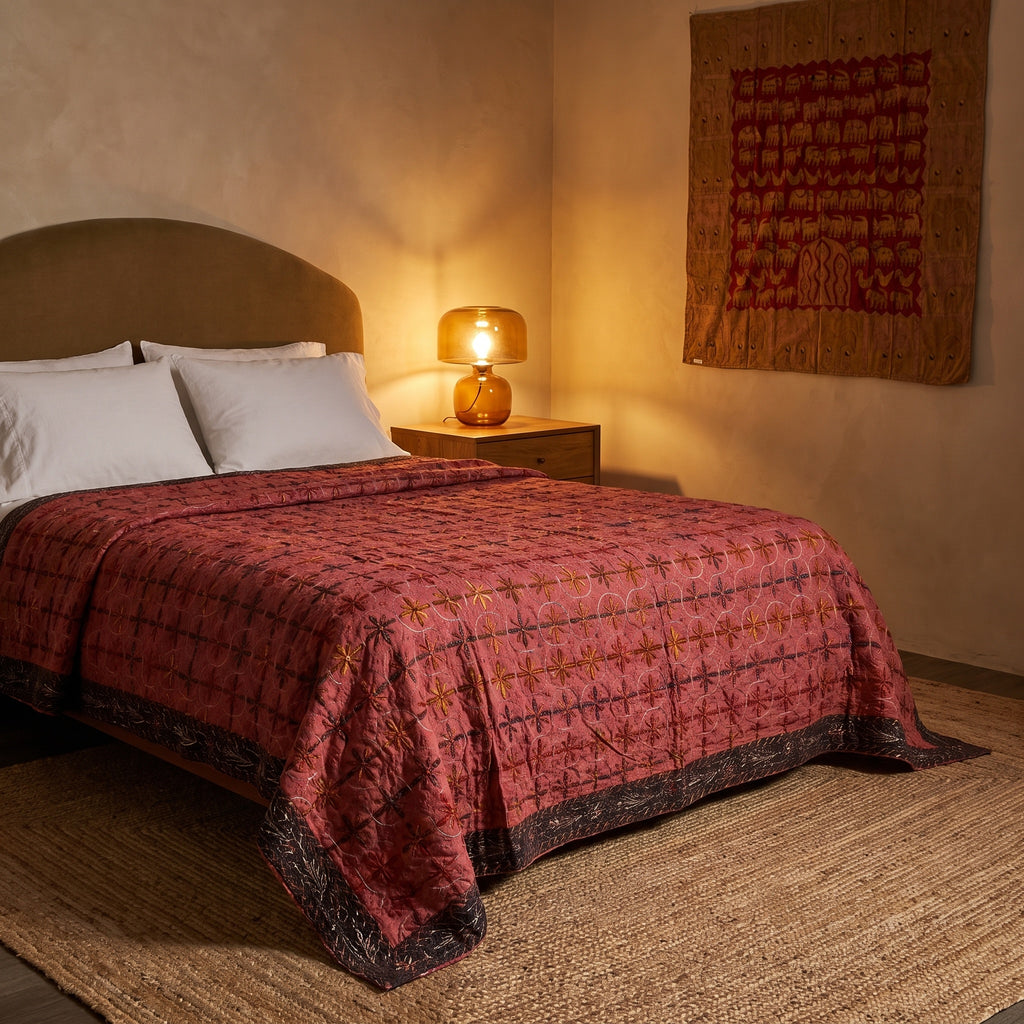 Prairie Crocus Handmade Aari Work Bedspread