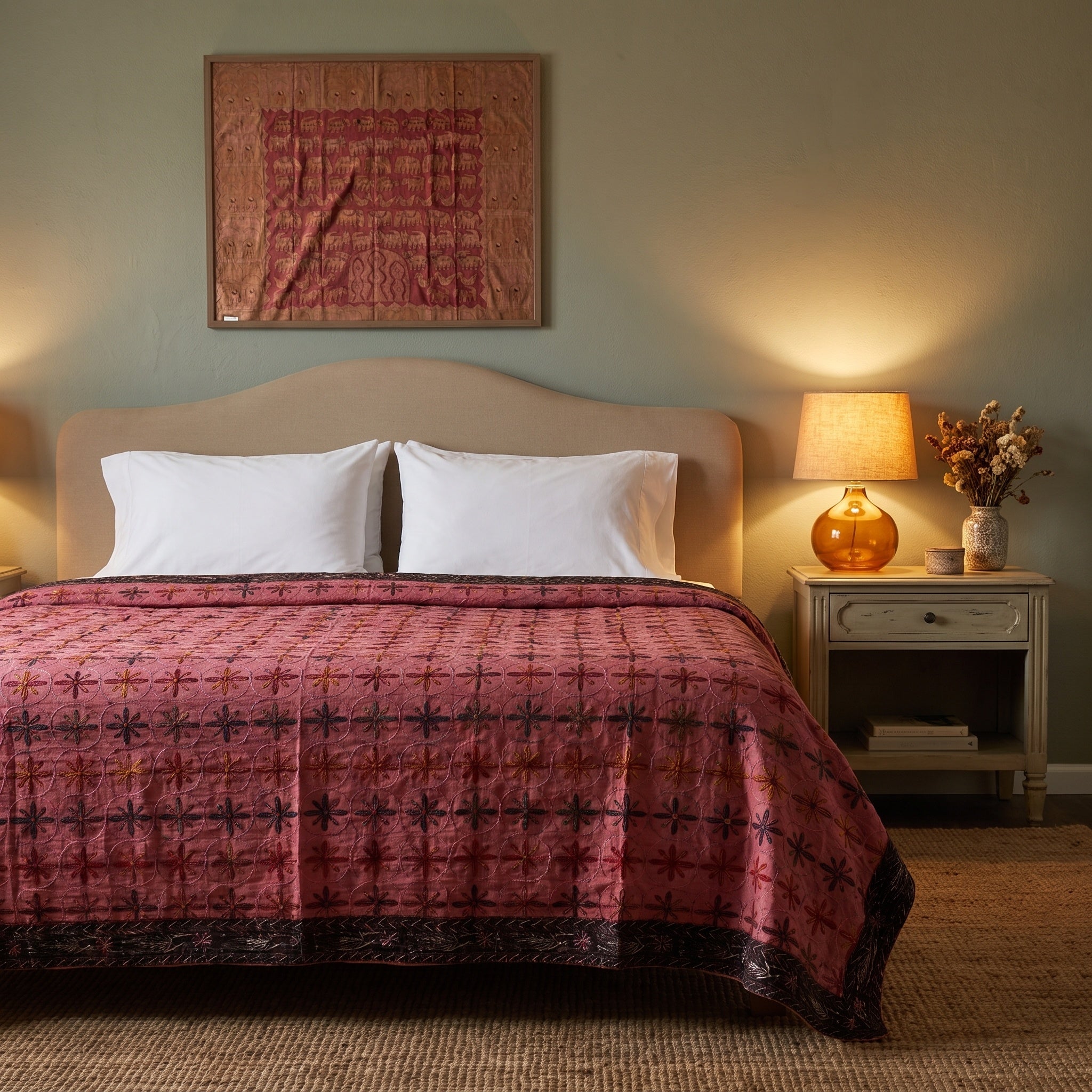 Prairie Crocus Handmade Aari Work Bedspread
