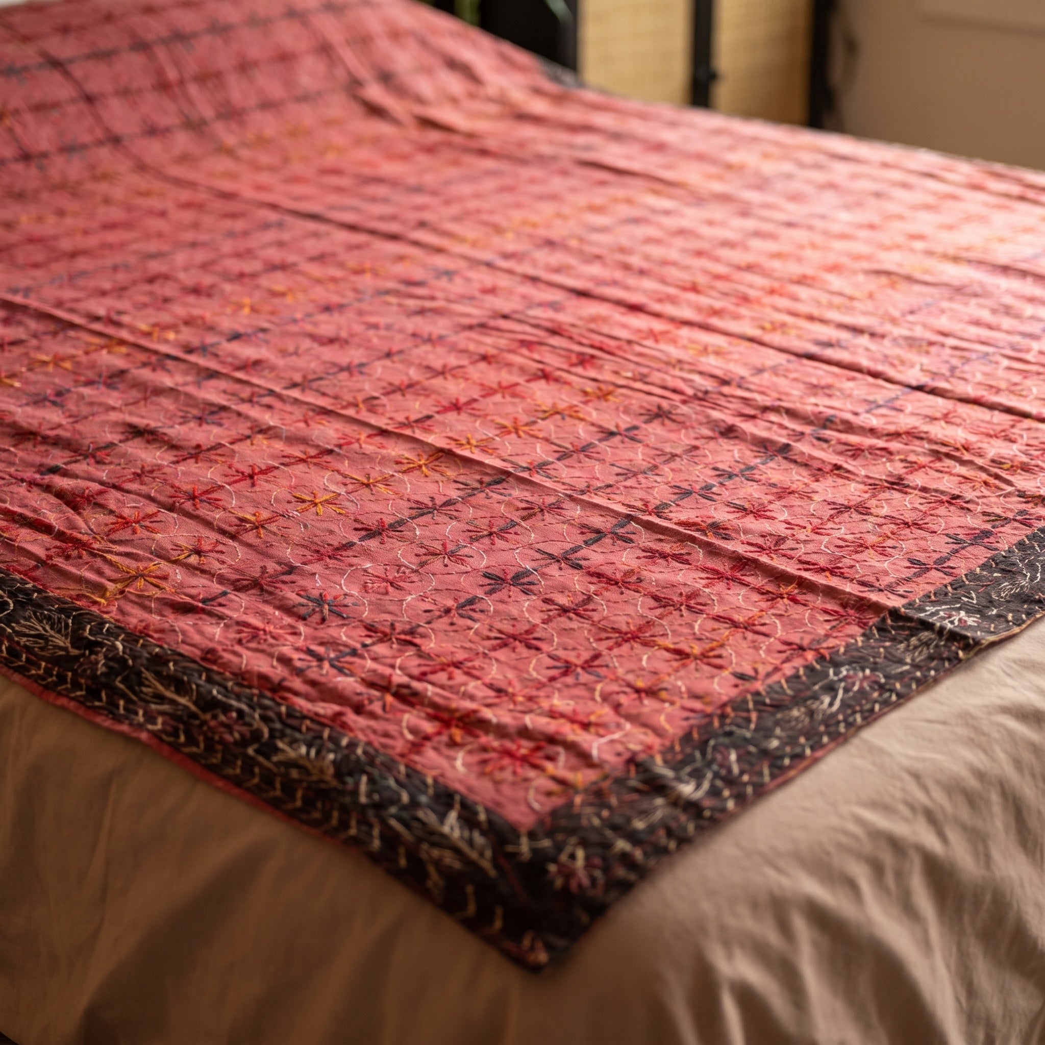 Prairie Crocus Handmade Aari Work Bedspread