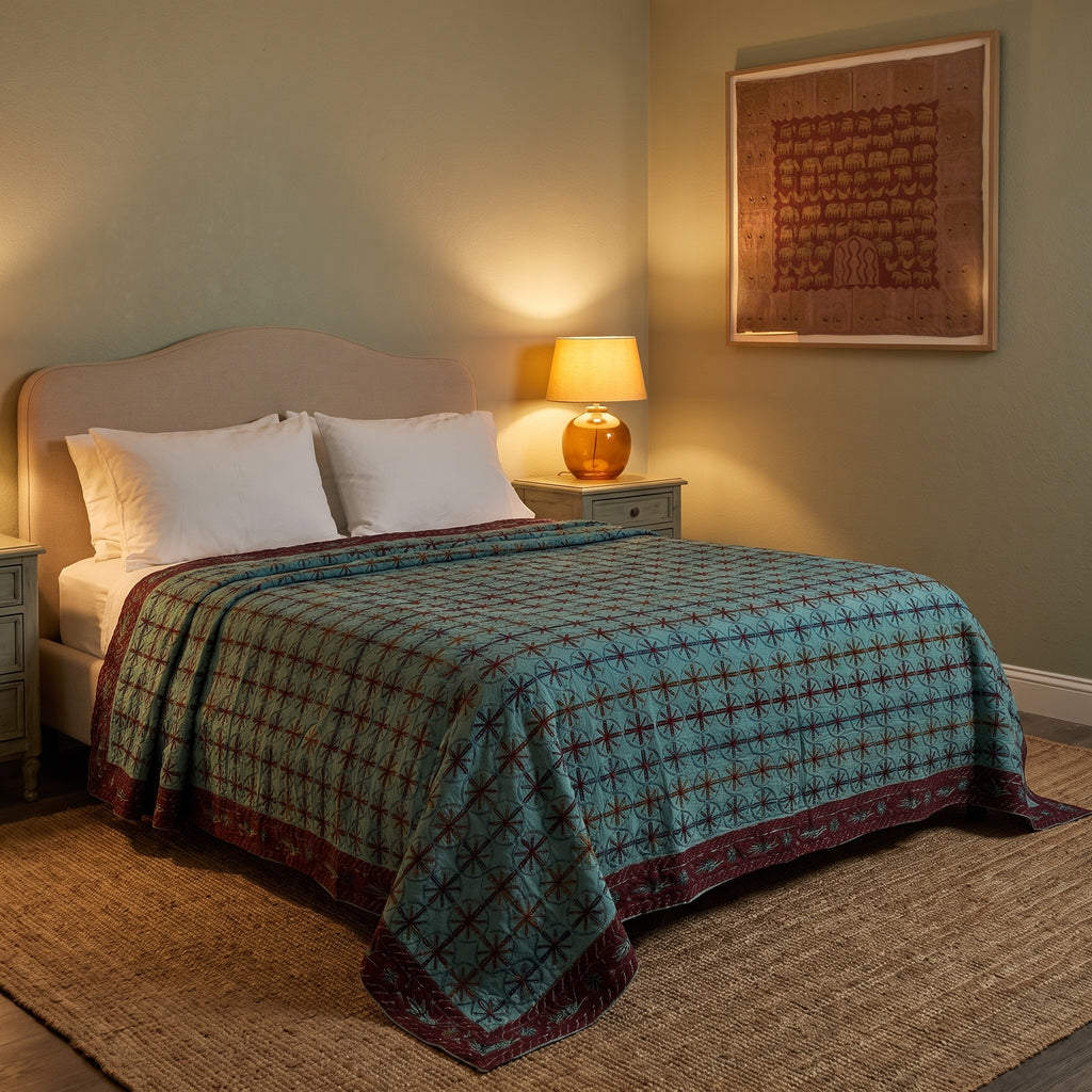 Red Columbine Handmade Aari Work Bedspread