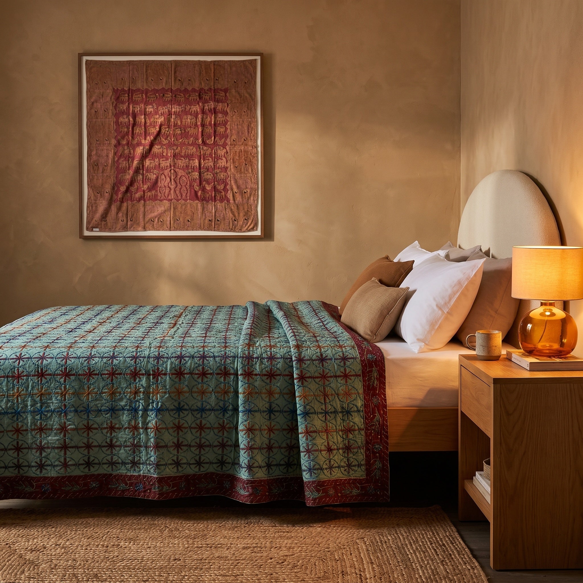 Red Columbine Handmade Aari Work Bedspread
