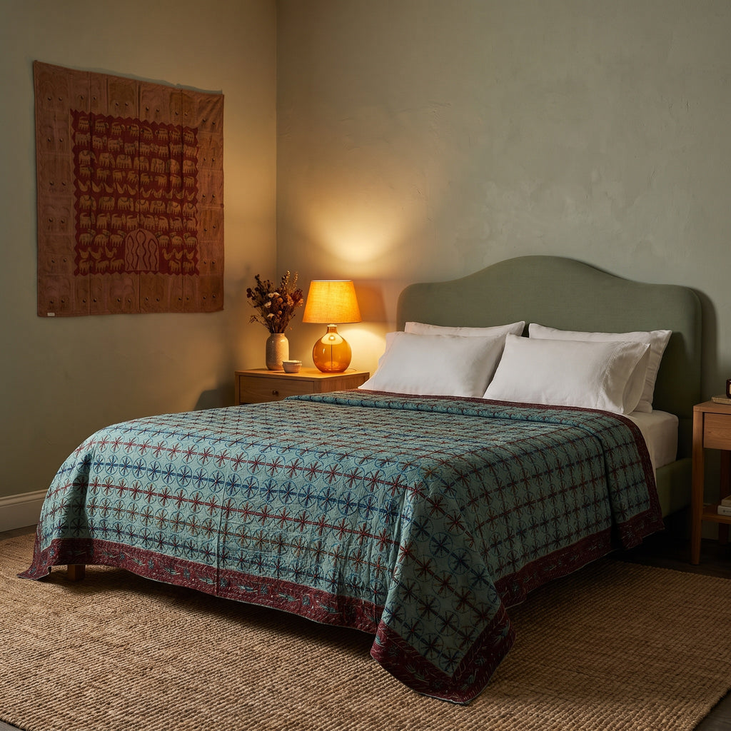 Red Columbine Handmade Aari Work Bedspread