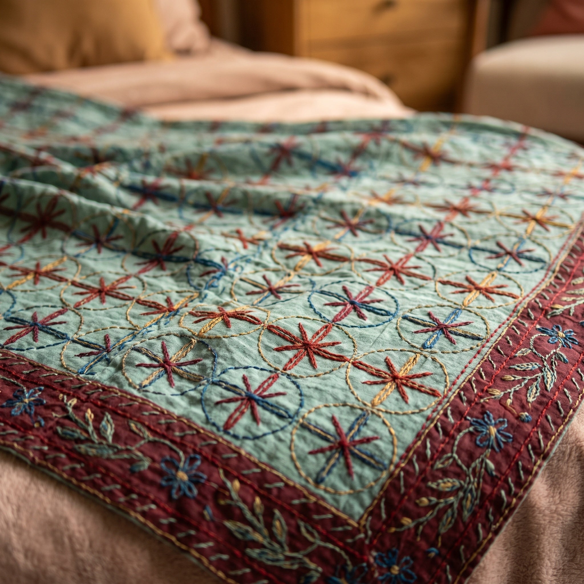 Red Columbine Handmade Aari Work Bedspread