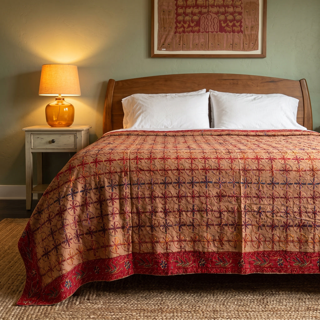 Twinflower Handmade Aari Work Bedspread