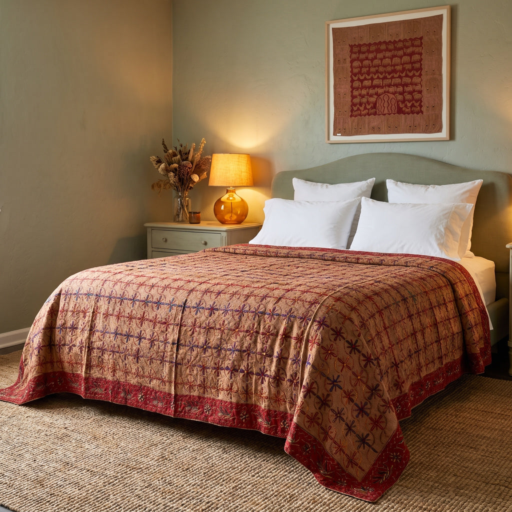 Twinflower Handmade Aari Work Bedspread