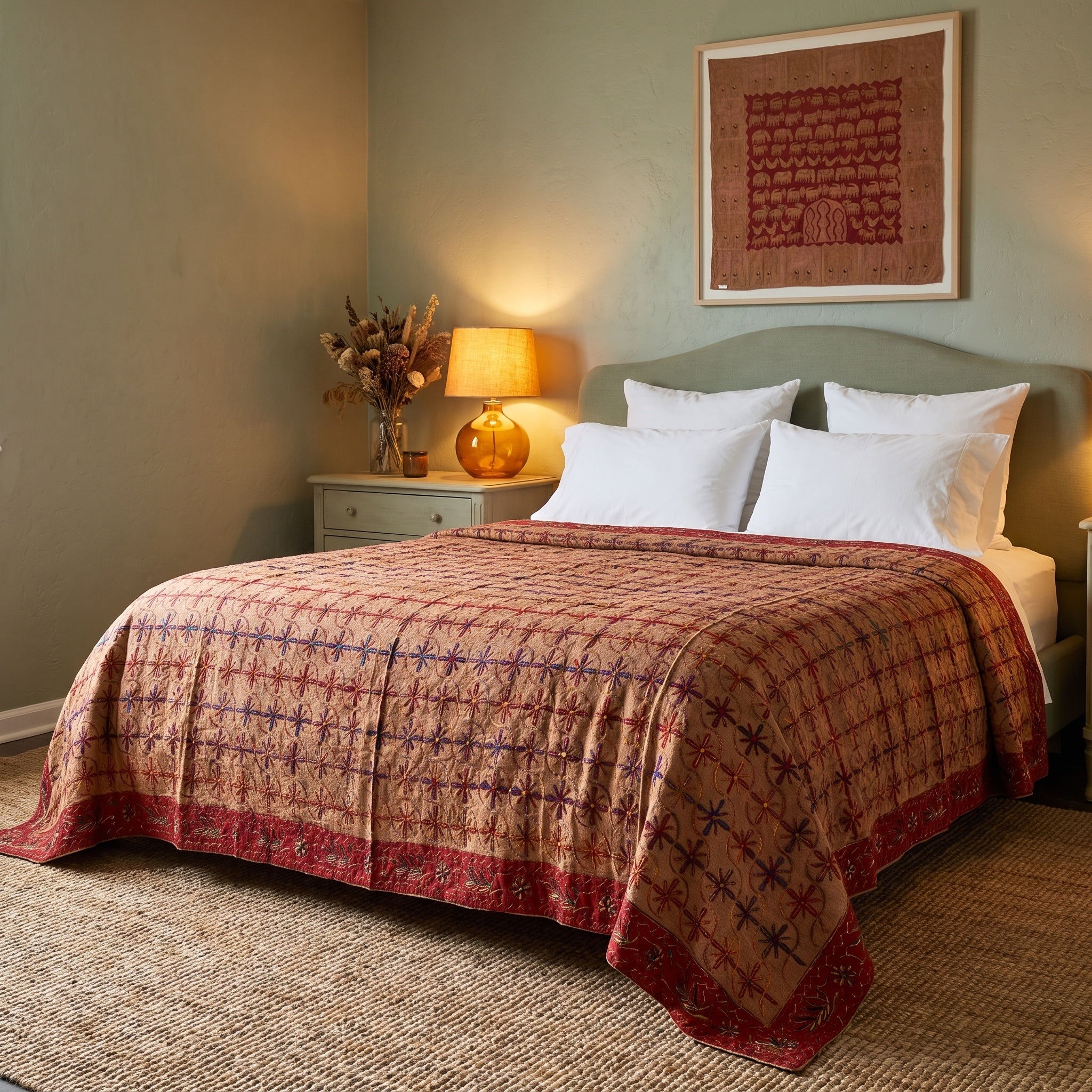 Twinflower Handmade Aari Work Bedspread