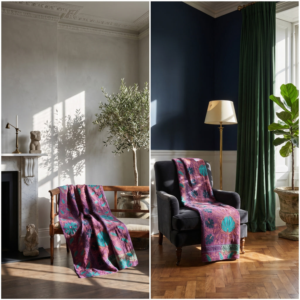 Mystic Lotus Luxury Vintage Suzani Kantha Throw