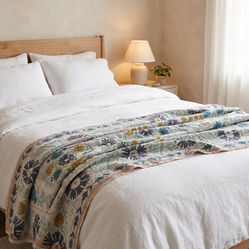 Jeté vintage de luxe Suzani Kantha Maple Whisper