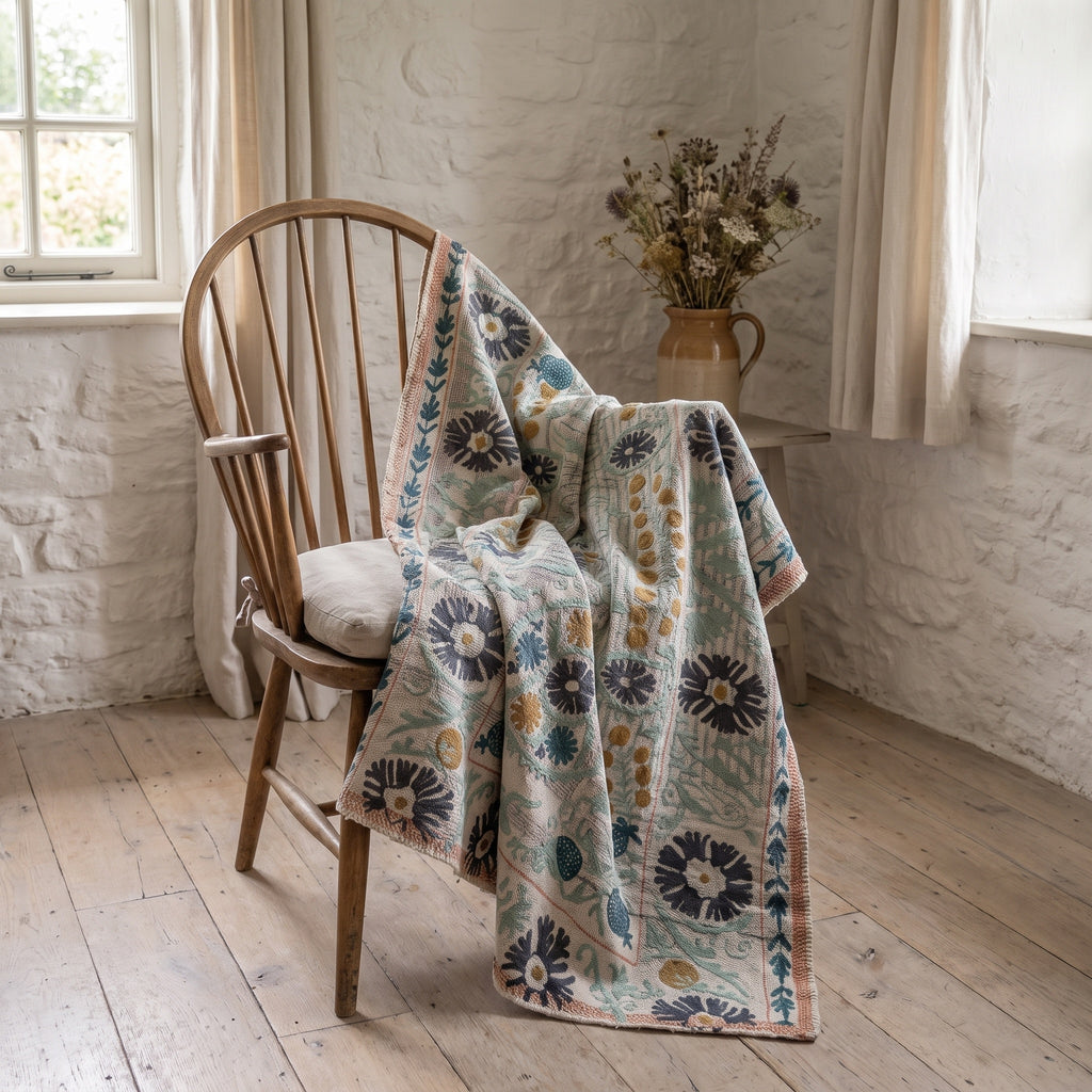 Jeté vintage de luxe Suzani Kantha Maple Whisper